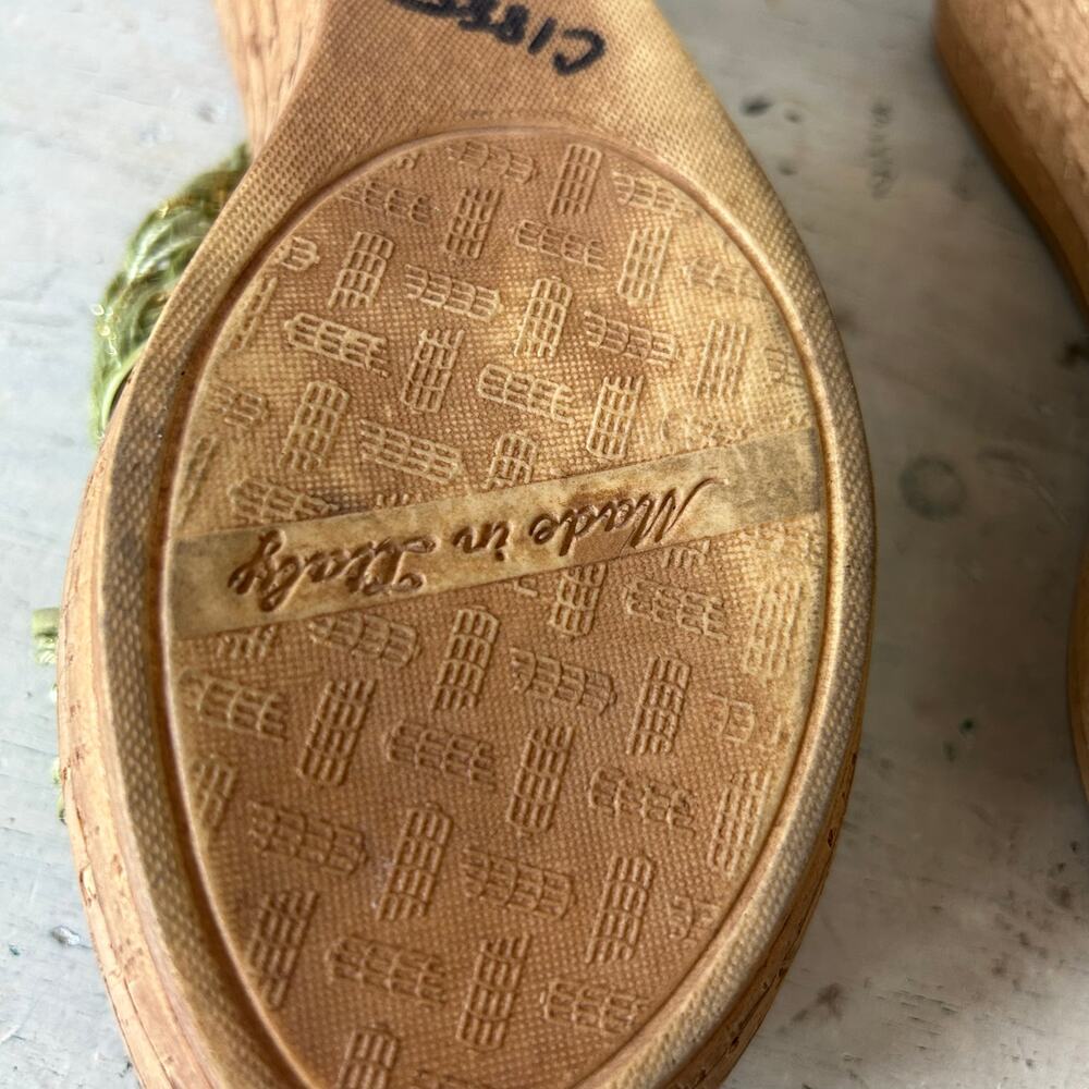 Toscanella leather and fabric platform cork flip flops made in Italy boho sage 7 - Picture 11 of 13